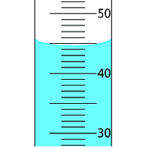 
                            
                                Portion of a graduated cylinder between 30 milliliters and 50 milliliters. The increment marks at 30, 40, and 50 are labeled, with nine unlabeled marks between each. The blue liquid is filled to between the 40 and 50 milliliter marks. The top of the meniscus is between the fifth and sixth increments, and the bottom of the meniscus is between the fourth and fifth increments. 
                            
                            